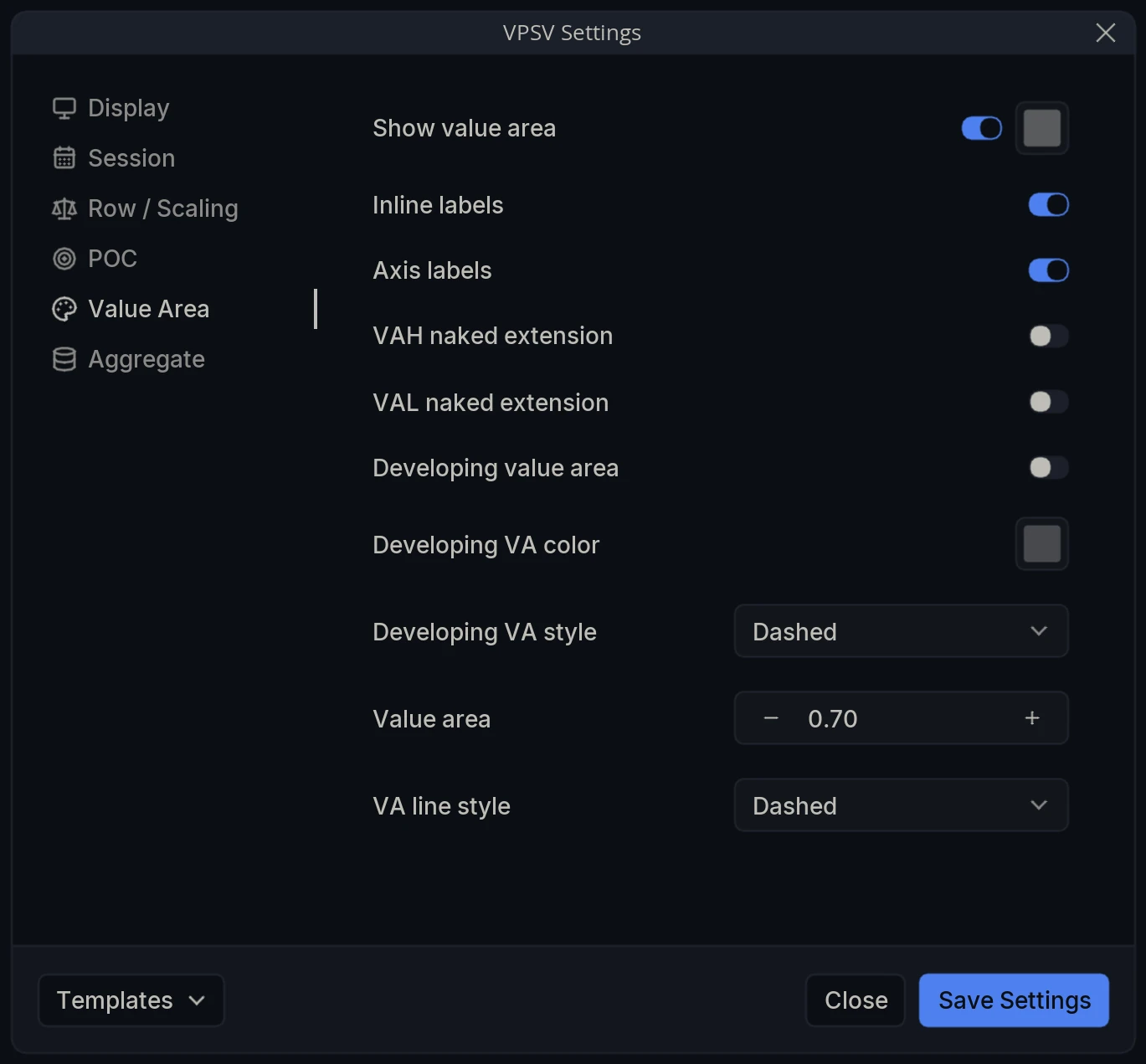 VPSV Settings Value Area